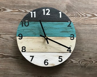 Beach house clock, wall hanging, pop of teal, coastal farmhouse decor, reclaimed wood wall clock, custom sizes