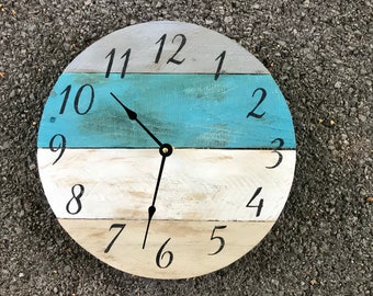 Reclaimed wood wall clock in a coastal beach style in Neutrals with a pop of turquoise, 12 inches, variable sizes available, customize yours