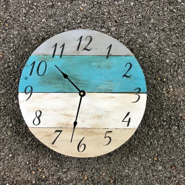 Reclaimed wood wall clock in a coastal beach style in Neutrals with a pop of turquoise, 12 inches, variable sizes available, customize yours