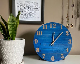 Round wood wall clock in blue and gold, reclaimed wood art, reclaimed wall clock, anniversary or housewarming gift, Boho Chic Cottage core