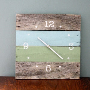 wall clock, reclaimed wood decor, FREE SHIPPING, Coastal Chic blue green and gray, 14" square clock, customize your today