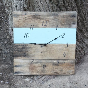 Wood wall clock with a pop of blue, Reclaimed Wood gift with coastal decor or modern farmhouse style Custom clocks available image 1