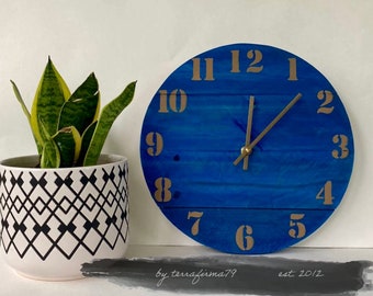 Round wood wall clock in blue and gold, reclaimed wood art, reclaimed wall clock, anniversary or housewarming gift