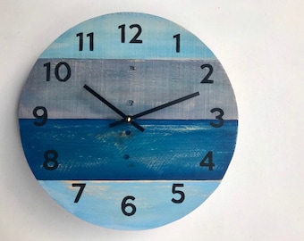 Blue wall clock in a beach house style, 12 inch or custom sizing, round reclaimed wood clock, coastal decor kitchen wall hanging