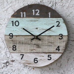 Beach house clock handmade round clock reclaimed wood wall clock Pale sea foam green Pallet Wood Coastal Decor Modern kitchen clock image 1