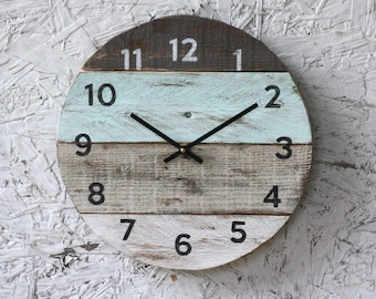 Beach house clock. handmade round clock. reclaimed wood wall clock. Pale seafoam green Pallet Wood Coastal Decor. Modern. kitchen clock