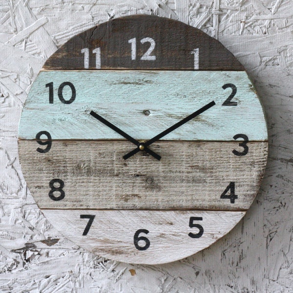 Beach house clock handmade round clock reclaimed wood wall clock Pale sea foam green Pallet Wood Coastal Decor Modern kitchen clock