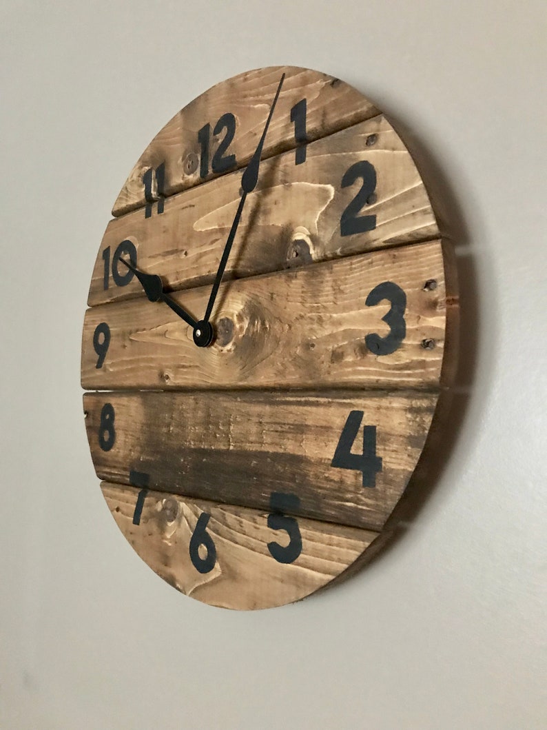 Modern Farmhouse Clock in warm coffee stain, rustic round wall decor, custom sizes available image 2