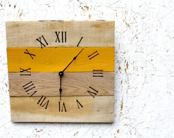 Pallet Wood Clock Sunny Yellow Reclaimed Wood Wall Clock Summer Great Gift Idea Sunny Kitchen clock Custom Sizes Available