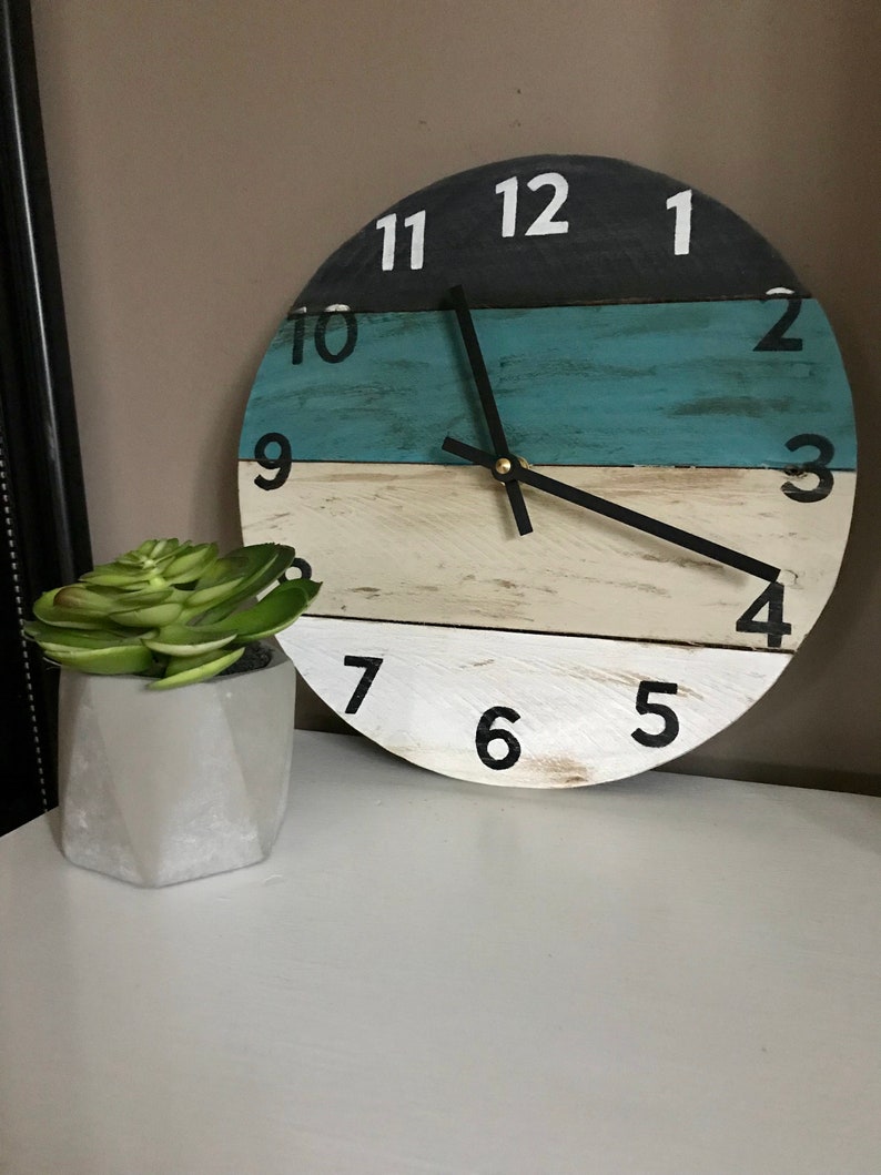 Coastal wood wall clock with a pop of teal, beach house clock, vacation house vibes, Customize yours Custom Sizes image 6