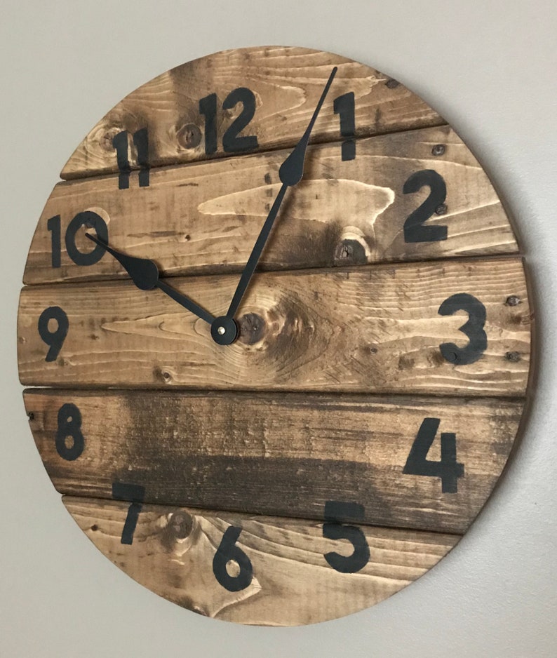 Modern Farmhouse Clock in warm coffee stain, rustic round wall decor, custom sizes available image 3