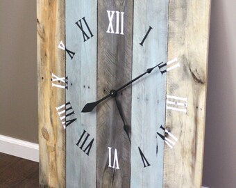 Gorgeous rectangular Wall Clock, Modern Farmhouse or Coastal decor, Oversized clock,  36" by 26" color washed in gray and coastal blue