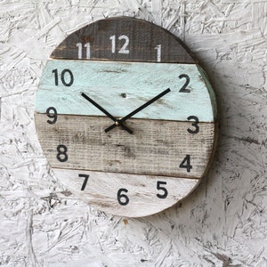 Beach house clock handmade round clock reclaimed wood wall clock Pale sea foam green Pallet Wood Coastal Decor Modern kitchen clock image 2