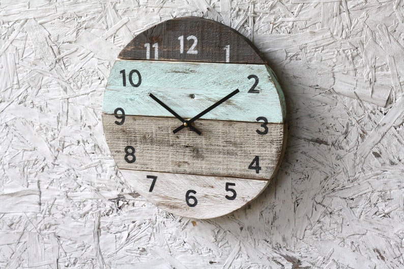 Beach house clock handmade round clock reclaimed wood wall clock Pale sea foam green Pallet Wood Coastal Decor Modern kitchen clock image 2