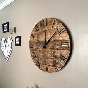 Large Modern Farmhouse Clock in warm coffee stain, rustic round wall decor, custom sizes available 24 inch clock shown