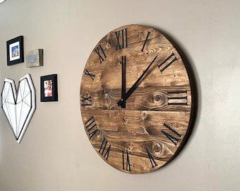 Large Modern Farmhouse Clock in warm coffee stain, rustic round wall decor, custom sizes available 24 inch clock shown