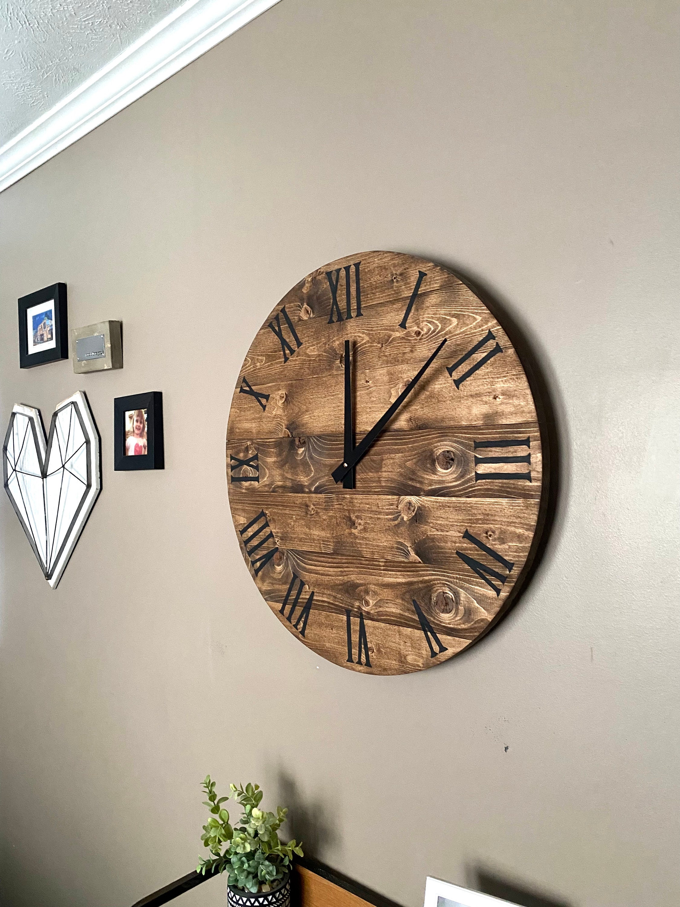 Large Modern Farmhouse Clock in warm coffee stain, rustic round wall decor, custom sizes available 24 inch clock shown