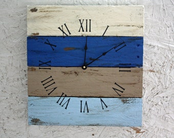 Blue Reclaimed wood wall clock for beach house or coastal chic decor, farmhouse meets vacation home