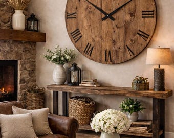 Oversized Huge Large Rustic Wall Clock in Early American Stain 42" 36" 30" 24" Sizes Real Solid Wood