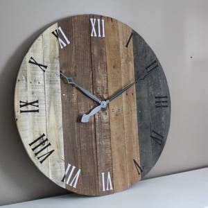 Wall clock, modern rustic FARMHOUSE decor, round clock, grey gray brown tan Natural Reclaimed Wood, 5 Year Anniversary gift image 2
