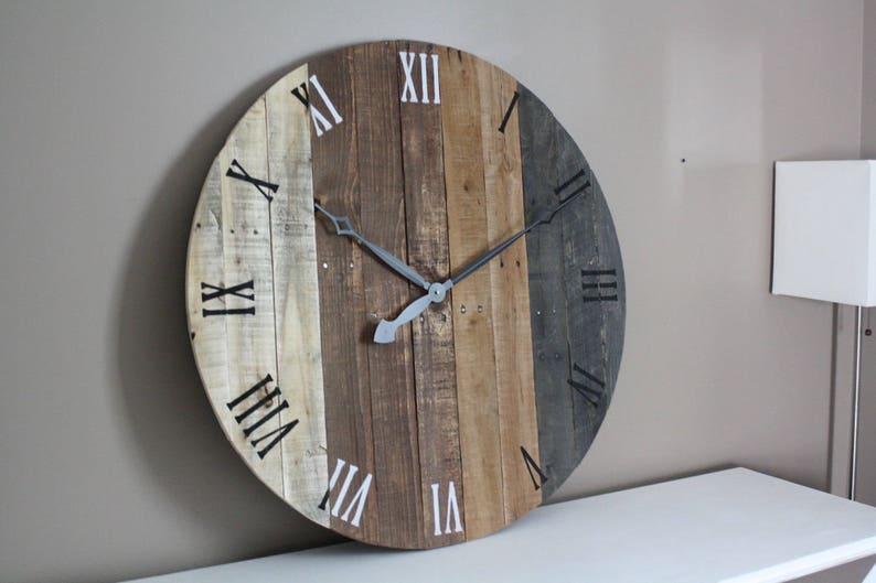 Wall clock, modern rustic FARMHOUSE decor, round clock, grey gray brown tan Natural Reclaimed Wood, 5 Year Anniversary gift image 2