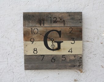 Reclaimed Wood Wall Clock Personalized Gift Wedding housewarming gift 5 year anniversary Monogram Family Name Custom Sizes available