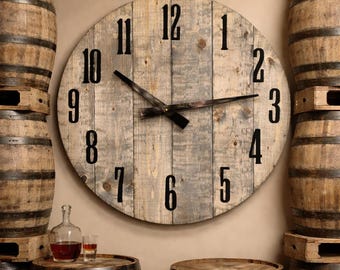 Aged Whiskey Barrel Stained Wall Clock: Real Solid Wood Large & Oversized Options Available 24" 30" 36" 42"
