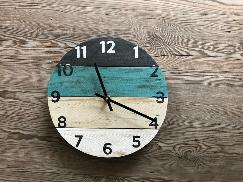 Coastal wood wall clock with a pop of teal, beach house clock, vacation house vibes, Customize yours Custom Sizes image 1