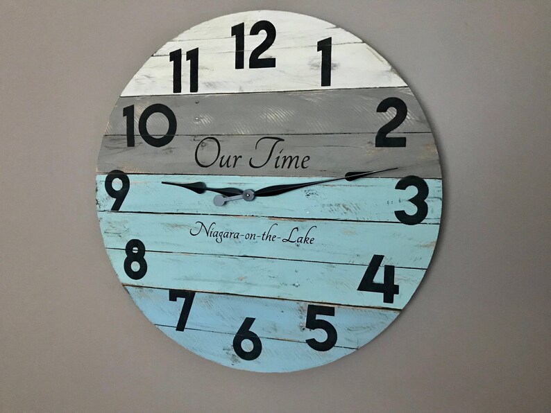 Oversized Coastal Wall Clock Gorgeous Blue And Sea Green Colors Beach Reclaimed Wood Gift 5 Year Anniversary