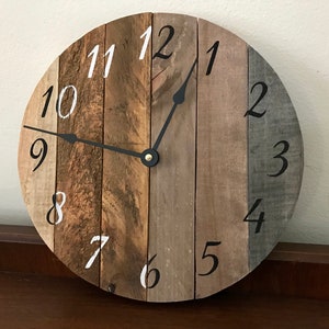 Handcrafted clock 10" diameter brown tan gray vertical boards earthy look farmhouse decor