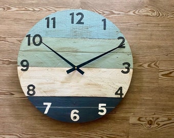 Round beach house clock in blue and green, 17 inches in diameter or custom sizes and colors