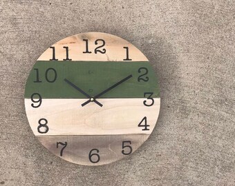 Round reclaimed wall clock in neutral earth tones, avocado green or choose your own color, reclaimed wood decor, modern farmhouse