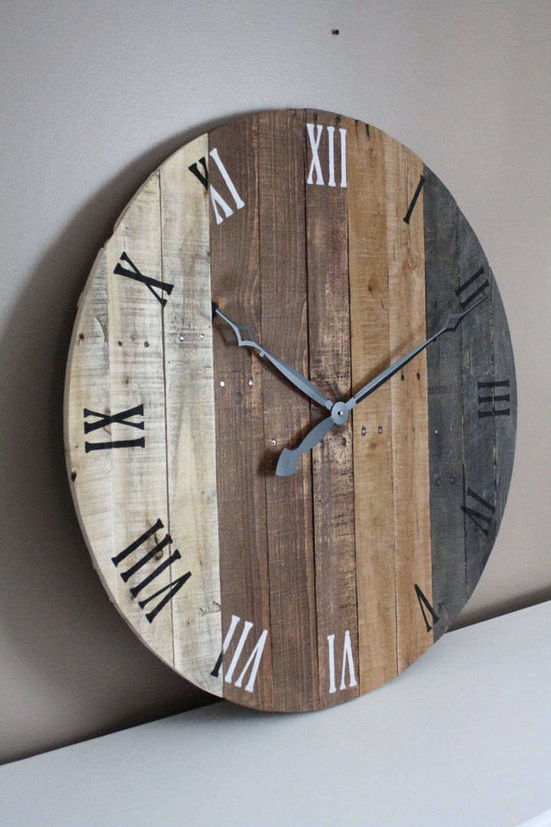 Wall clock, modern rustic FARMHOUSE decor, round clock, grey gray brown tan Natural Reclaimed Wood, 5 Year Anniversary gift image 1