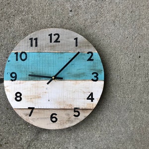 Wall clock in a beach house style made from reclaimed pallet wood, 12 inches round, variable sizes available