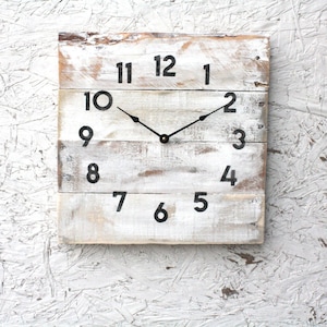 Distressed white wall clock, funky modern farmhouse or coastal chic, reclaimed wood decor