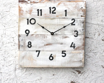 Distressed white wall clock 12", funky modern farmhouse or coastal chic, reclaimed wood decor