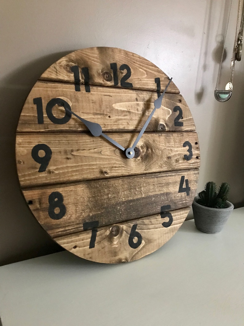 Modern Farmhouse Clock in warm coffee stain, rustic round wall decor, custom sizes available image 4