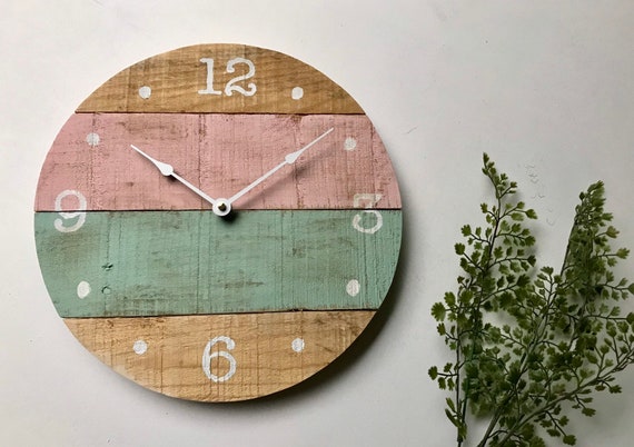 Round Wall Clock In A Shabby Chic Style Rustic Lake House Style Cottage Chic Feminine Pink And Green Custom Sizes Colors Available