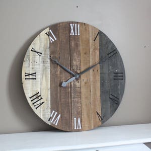 Wall clock, modern rustic FARMHOUSE decor, round clock, grey gray brown tan Natural Reclaimed Wood, 5 Year Anniversary gift image 3