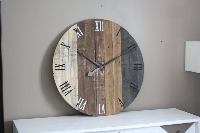 Wall clock, modern rustic FARMHOUSE decor, round clock, grey gray brown tan Natural Reclaimed Wood, 5 Year Anniversary gift image 3