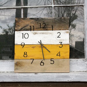 Wood wall clock in ivory and mustard yellow. Rustic Modern wall decor, variable sizes available. Customize your clock.