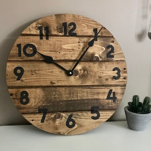 Modern Farmhouse Clock in warm coffee stain, rustic round wall decor, custom sizes available image 5