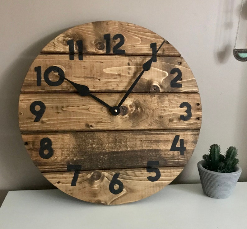 Modern Farmhouse Clock in warm coffee stain, rustic round wall decor, custom sizes available image 5