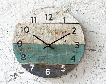 Round wood wall clock beach house clock, distressed Coastal Decor Customize yours  Custom Sizes