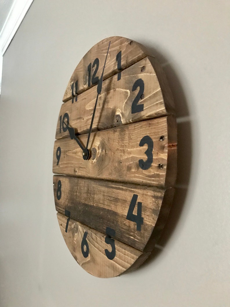 Modern Farmhouse Clock in warm coffee stain, rustic round wall decor, custom sizes available image 8