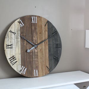 Wall clock, modern rustic FARMHOUSE decor, round clock, grey gray brown tan Natural Reclaimed Wood, 5 Year Anniversary gift image 4