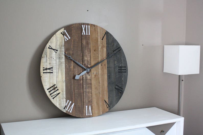 Wall clock, modern rustic FARMHOUSE decor, round clock, grey gray brown tan Natural Reclaimed Wood, 5 Year Anniversary gift image 4