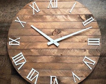 24" Large Modern Farmhouse Clock Warm Coffee Stain, Raised Wooden Roman Numerals, Handcrafted Round Wood Wall Clock