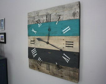 Oversized wood wall clock,  turquoise black and gray, modern yet rustic decor, custom sizing and colors available