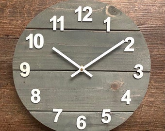 Gray and white round Clock, 12" diameter, farmhouse decor, modern wood clock, office clock, Classic Gray Stain Raised Wooden Numbers